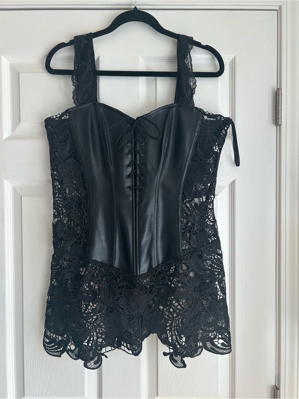 Dreamgirl Black Lace-Trim Faux Leather Corset Bodysuit
